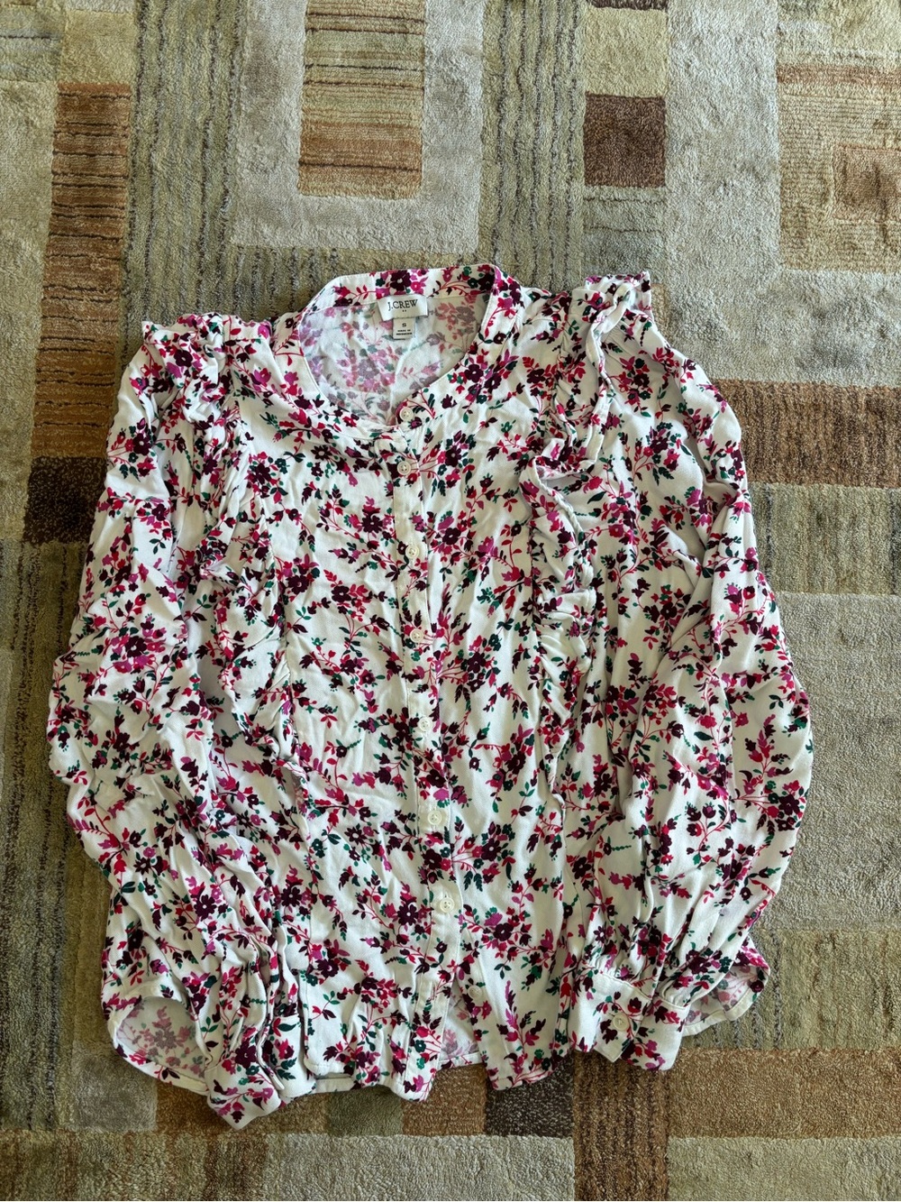 J. Crew White Blouse with Pink Floral Print and Green Accents